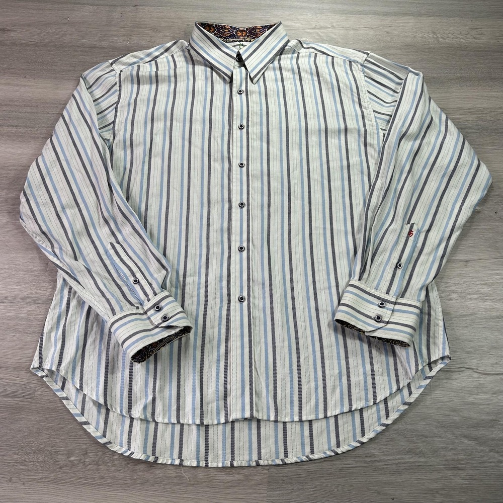 Robert Graham Shirt Mens 2XL Blue White Striped Long Sleeve Button Down Paisley